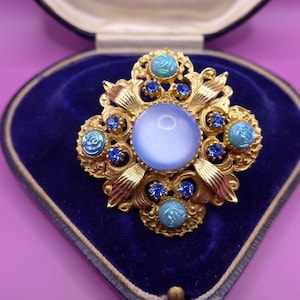 Vintage Blue Satin Glass Brooch - Gold Metal  Brooch Pin