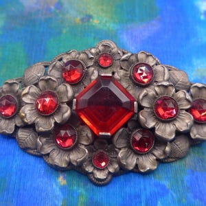 Vintage Czech Red Glass Flower Metal Brooch Pin - Vintage Czech Brooch