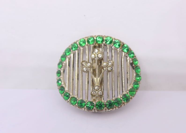 Vintage Art Deco Green Paste Silver Metal Buckle