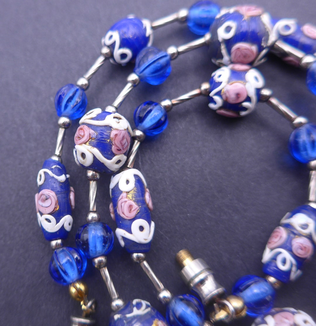 Vintage Blue Wedding Cake Glass Bead Necklace Dark Etsy