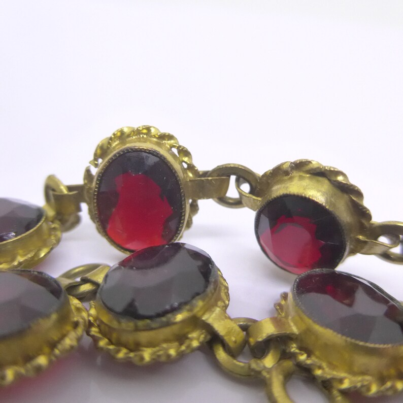 Edwardian Garnet Red Faceted Glass Gilt Metal Necklace Vintage Red Bezel Set Glass Necklace