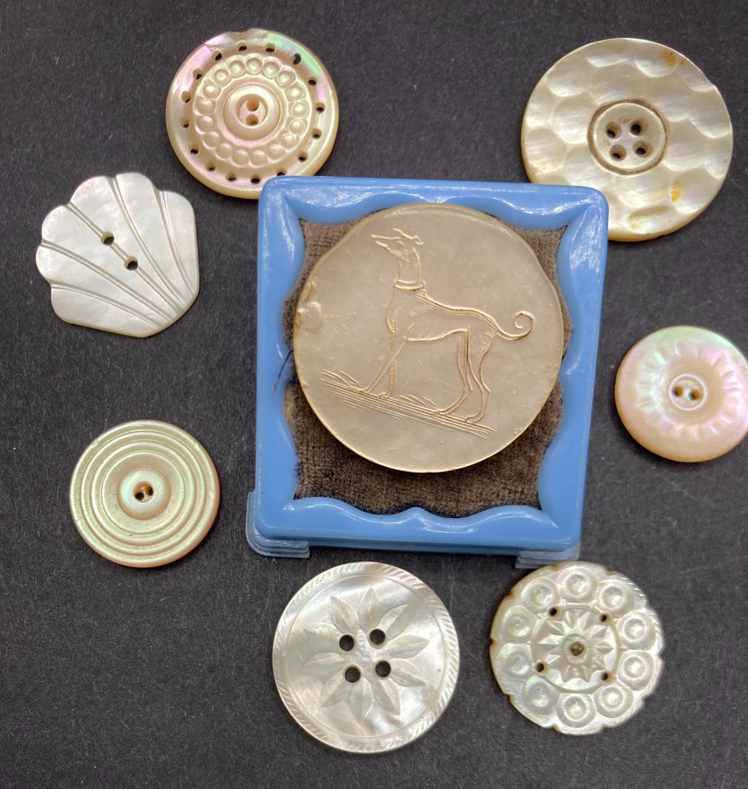Antique Vintage Carved Mother of Pearl Buttons - Iridescent Dog White ...