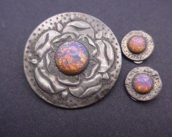 Vintage Pink Opalescent Foil Glass Brooch Earrings - Arts Crafts Pewter Brooch Set