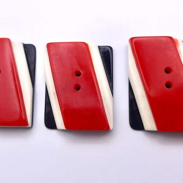 vintage Boutons tricolores Art Déco - Anciens boutons géométriques en plastique rouge noir blanc