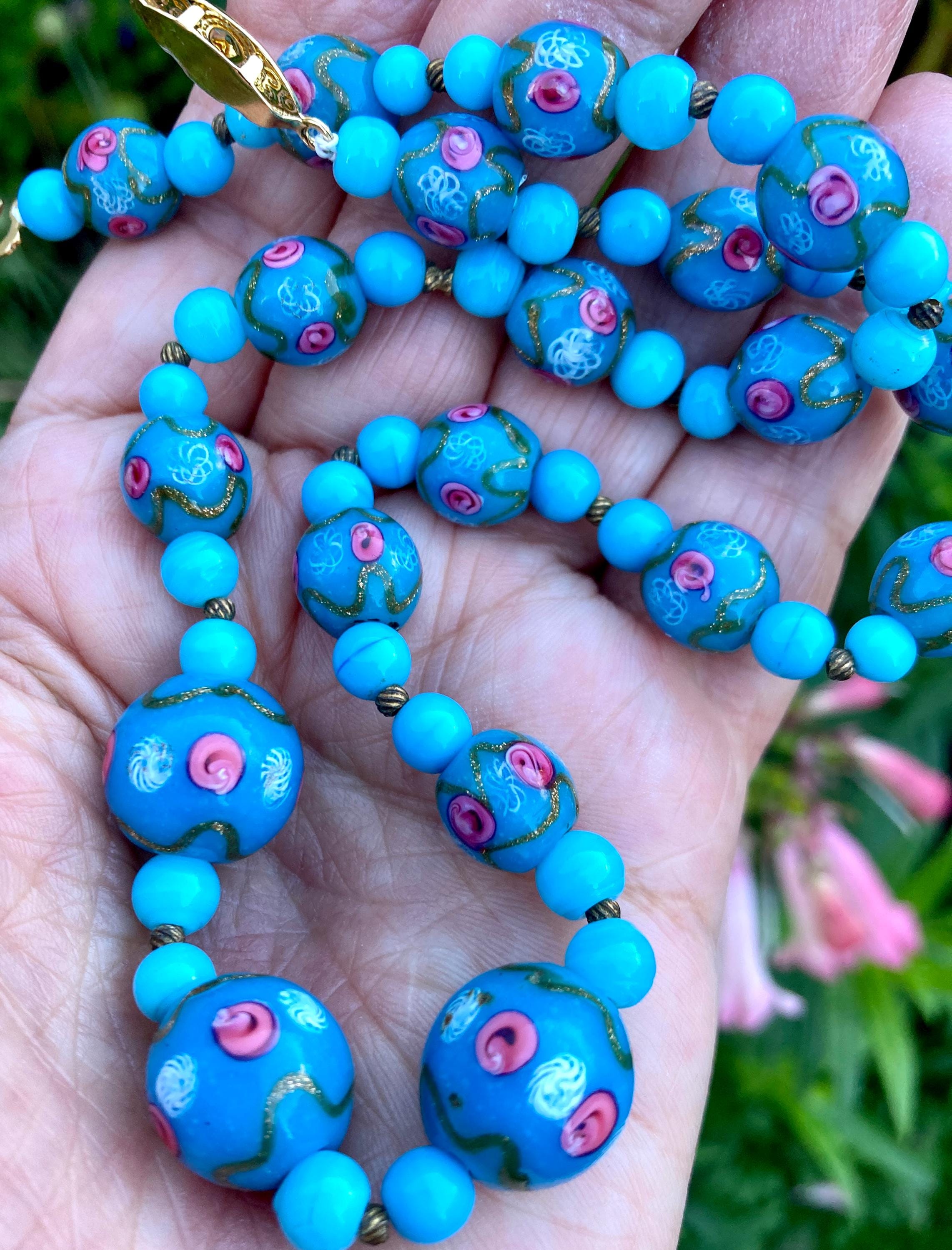 Vintage Venetian Fancy Blue Glass Bead Necklace - Murano Latticino