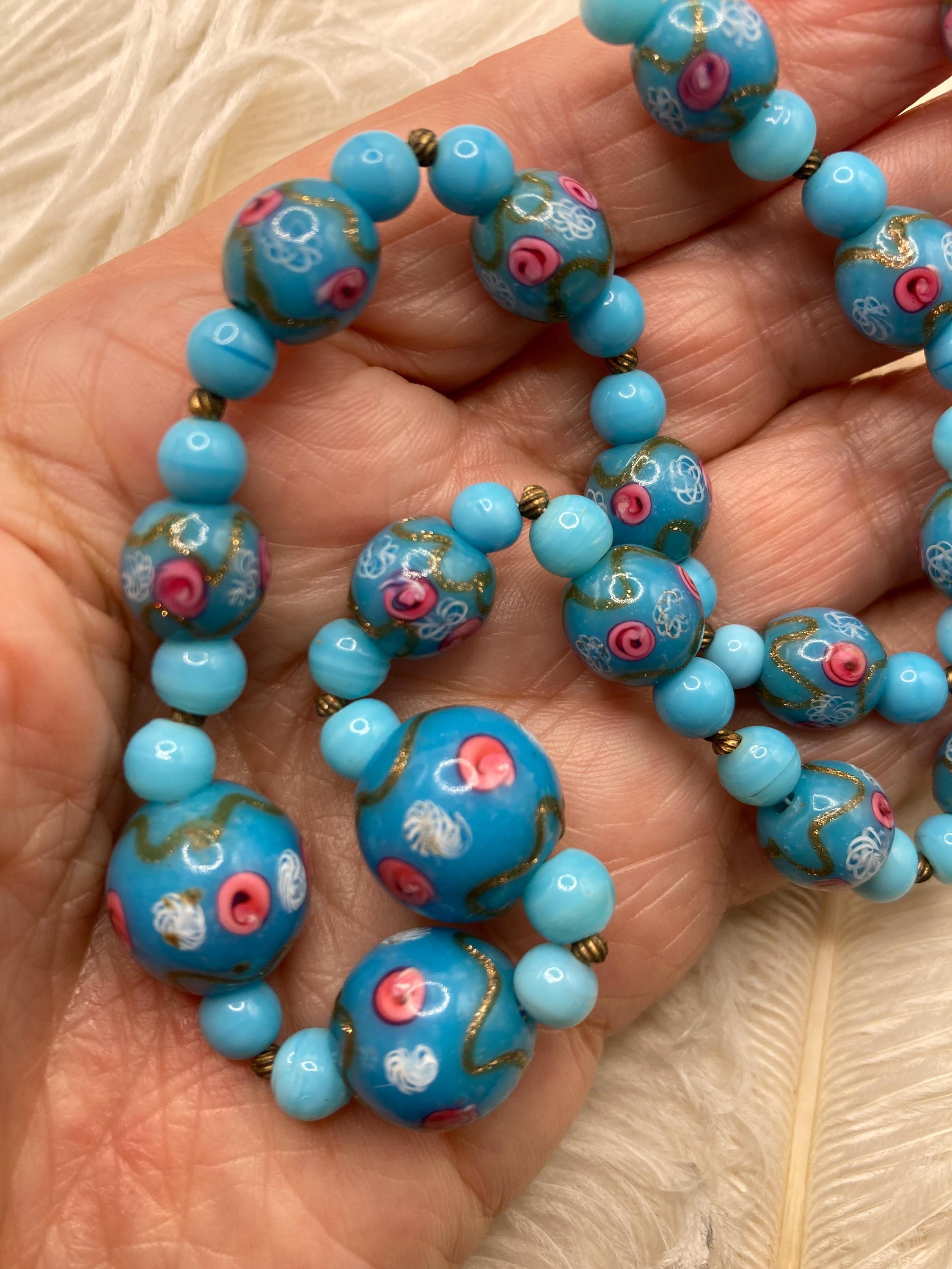 Vintage Venetian Fancy Blue Glass Bead Necklace - Murano Latticino