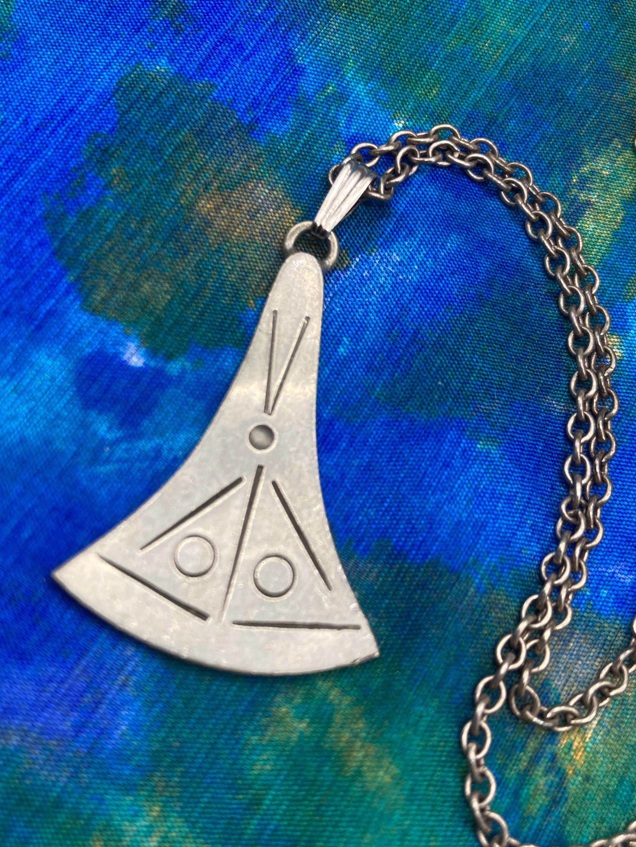 Vintage Jorgen Jensen Modernist Denmark Pewter Pendant & Chain 