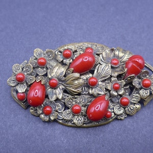 Vintage Maroon Red Glass Flower Metal Brooch Pin - Vintage Czech Brooch