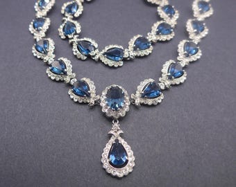 Conjunto de collar, pulsera y pendientes de cristal azul zafiro vintage con diamantes de imitación
