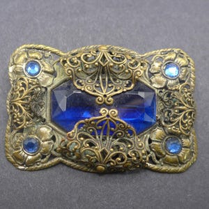Vintage Czech Blue Glass Flower Brooch Pin - Filigree Metal Brooch