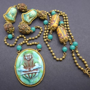 Vintage Egyptian Revival Pharaoh Necklace - Blue Glass Trade Bead Filigree Pharaoh Pendant Necklace