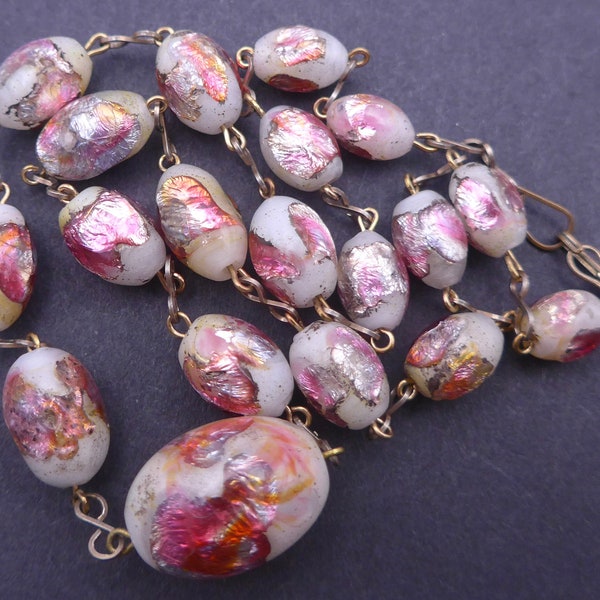 Vintage Pink Opalescent Foil Glass Bead Necklace - Czech Pink Gold Silver Foiled Glass Beads