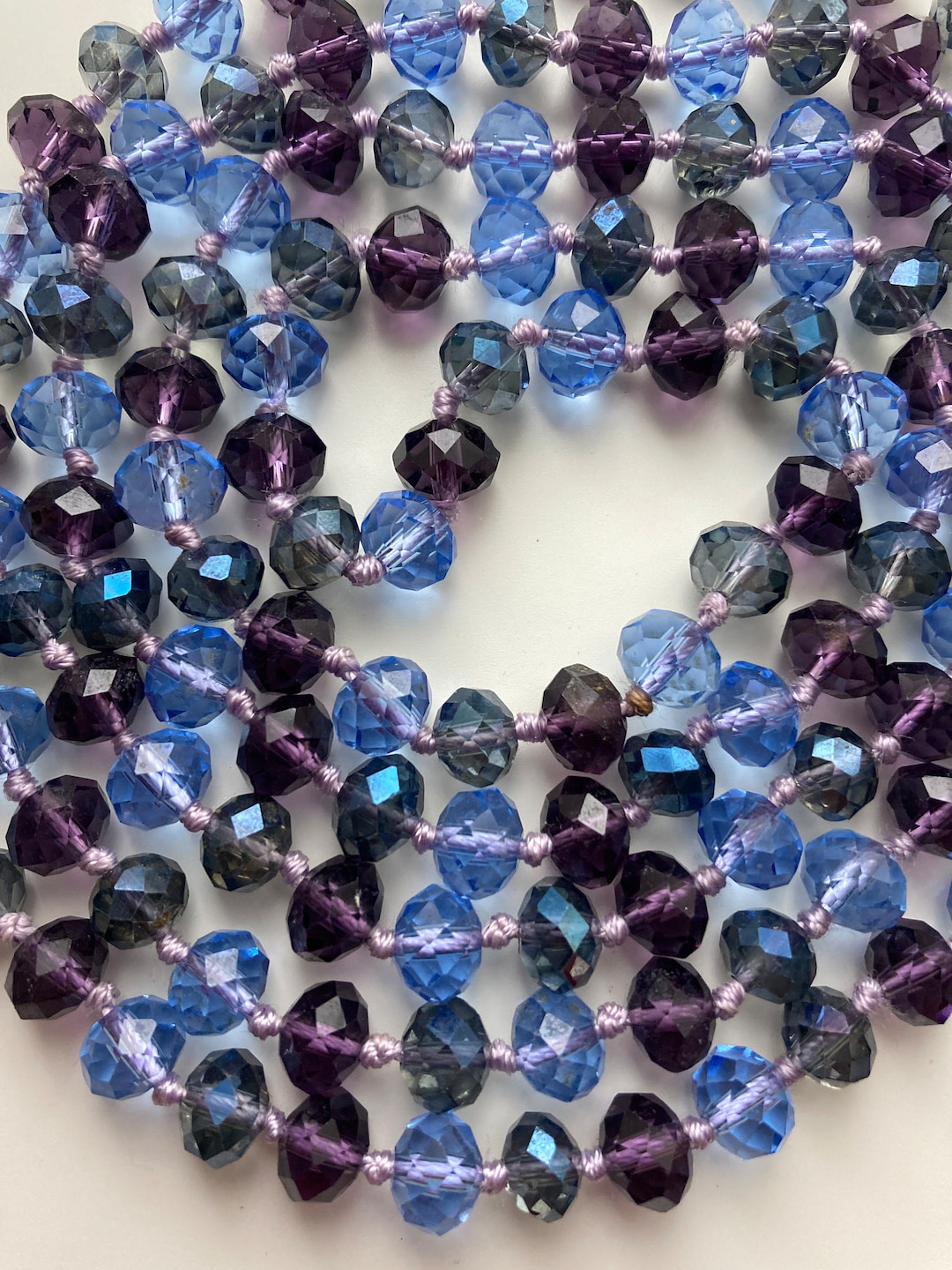 Vintage Blue Purple Glass Bead Necklace Long Knotted Glass Bead