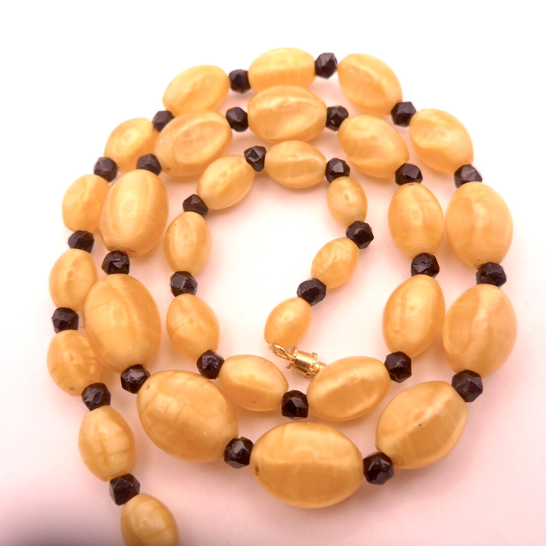 Vintage Czech Yellow Satin Glass Necklace Yellow Black Glass Etsy