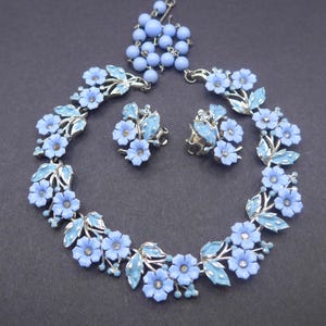 Vintage Signed Coro Blue Flower Enamel Necklace Earring Set
