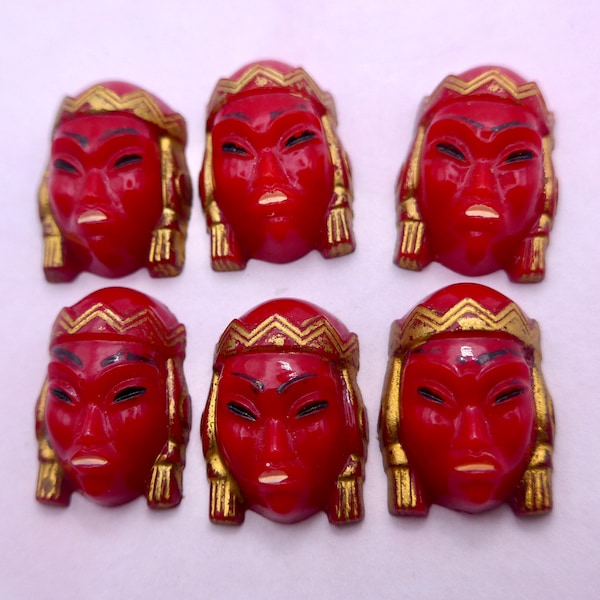 Vintage Selro Princess Face Head Panels - 6 Bemalte Rote Glasplatten für Armband, Anhänger, Halskette