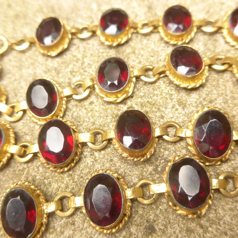 Edwardian Garnet Red Faceted Glass Gilt Metal Necklace Vintage Red Bezel Set Glass Necklace