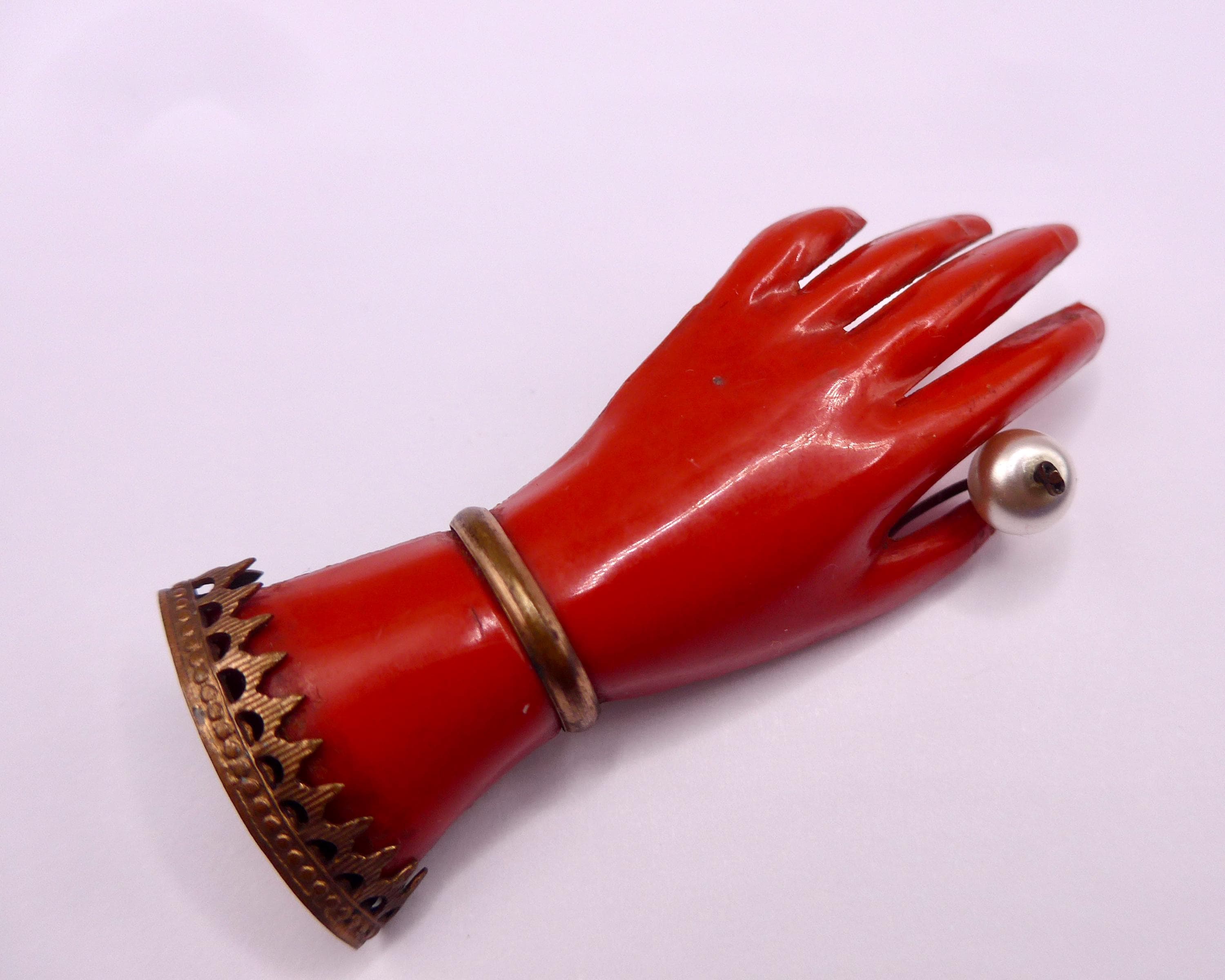 Antique Victorian Hand Brooch - Celluloid Figural Pin -