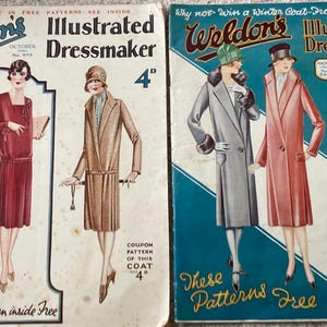 May include: Two vintage Weldon's Illustrated Dressmaker magazines from October and November 1927. The covers feature illustrations of figures wearing various coats and dresses with text including titles, dates, and pricing of 4D.