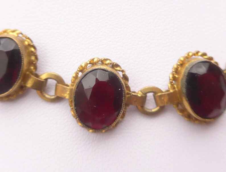 Edwardian Garnet Red Faceted Glass Gilt Metal Necklace Vintage Red Bezel Set Glass Necklace
