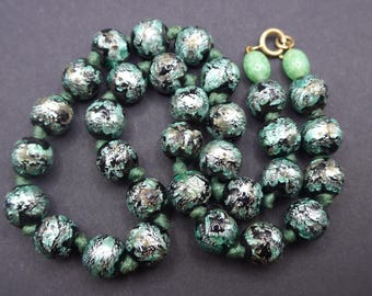 Vintage Czech Green Foil Glass Bead Necklace - Art Deco Foiled Glass Beads
