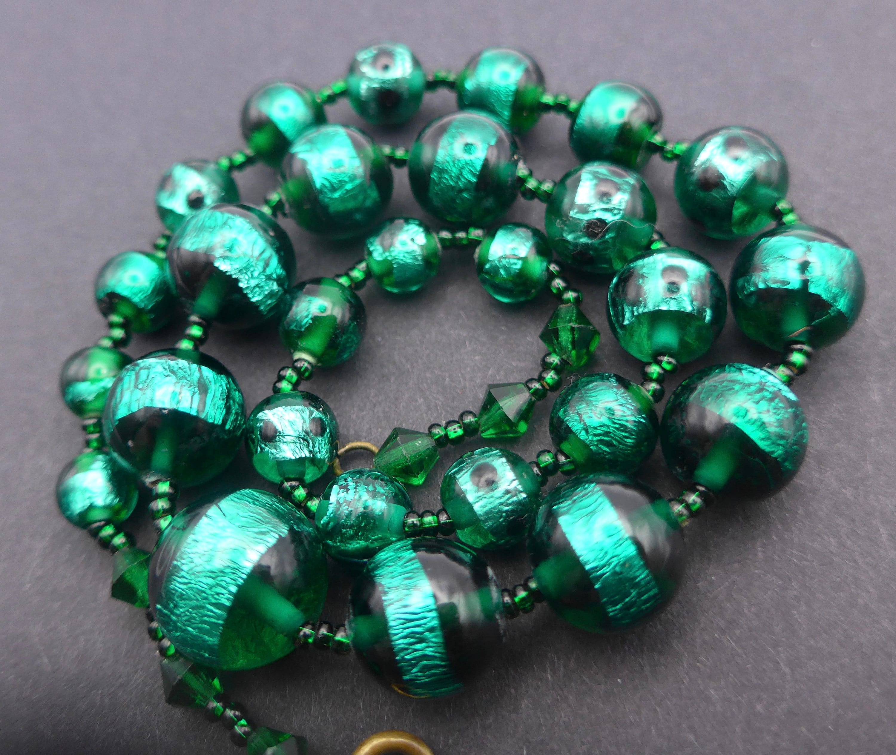 Vintage Czech  Green Foil Glass Bead Necklace -
