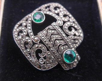 Vintage Silver Marcasite Green Paste Brooch Pin - Art Deco Silver Brooch