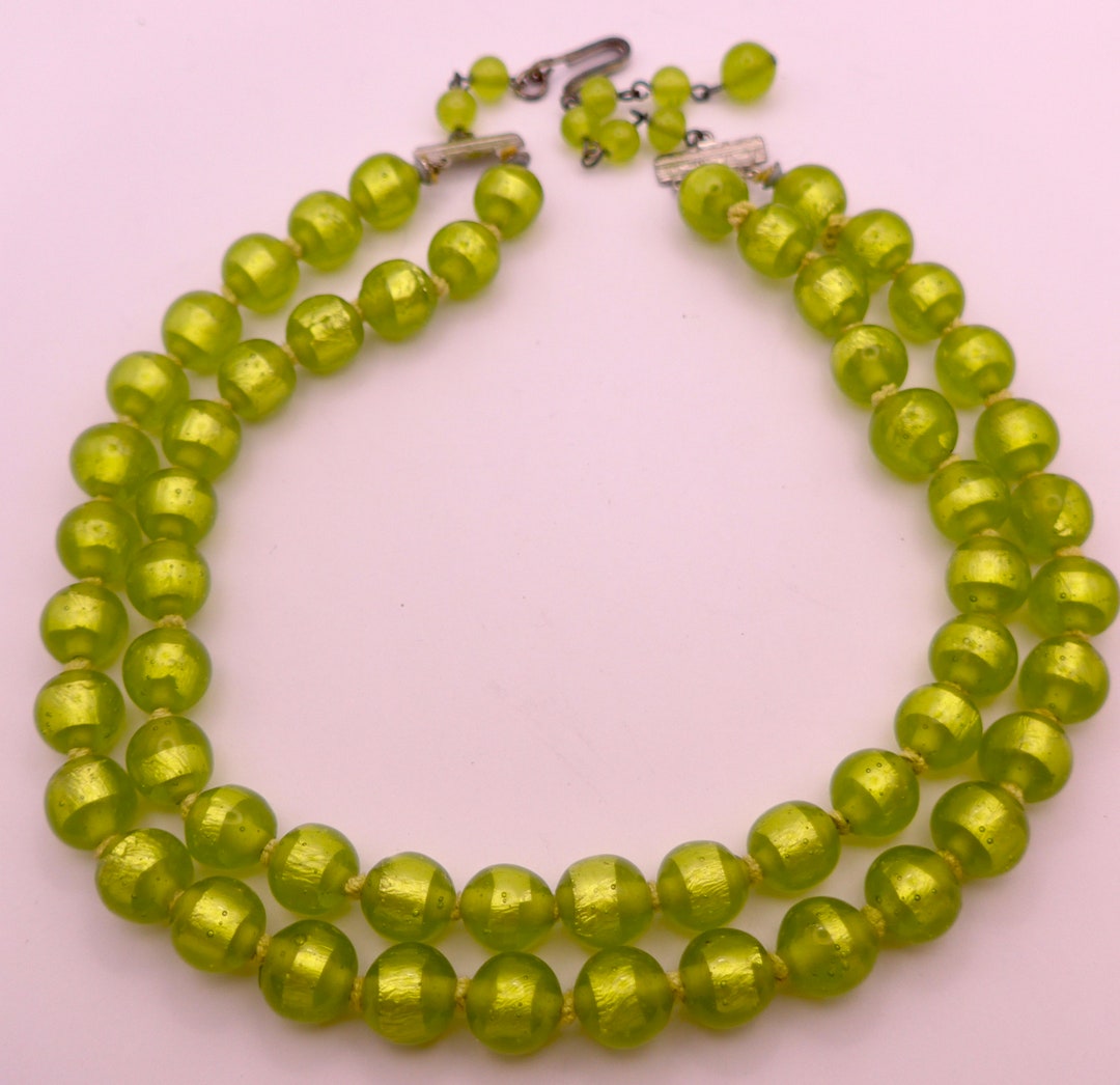 Vintage Green Foil Glass Bead Necklace Knotted Etsy