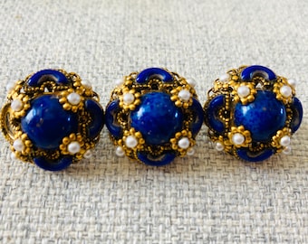 Broche vintage de perla de cristal azul checo - Broche de metal con filigrana