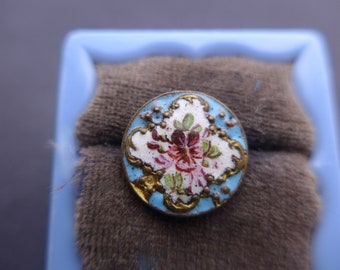 Antique French Enamel Gilt Metal Button - Hand Painted Flower Button