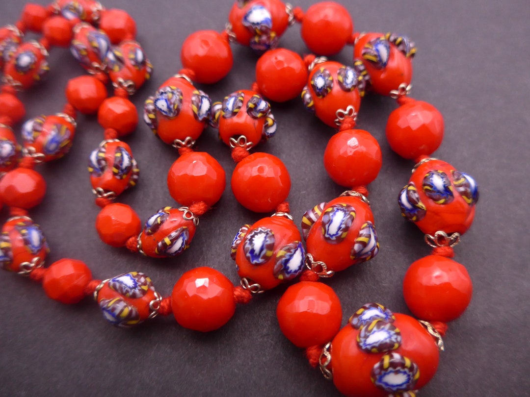 Vintage Moretti Raised Cane Glass Bead Necklace Red Etsy