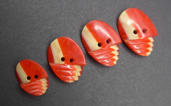 Vintage Art Deco Lucite Red White Buttons - Set 4 Early Plastic Buttons
