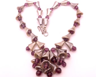 Vintage Grey Purple Pearlised Glass Cluster Drop Necklace - Purple Grey Necklace