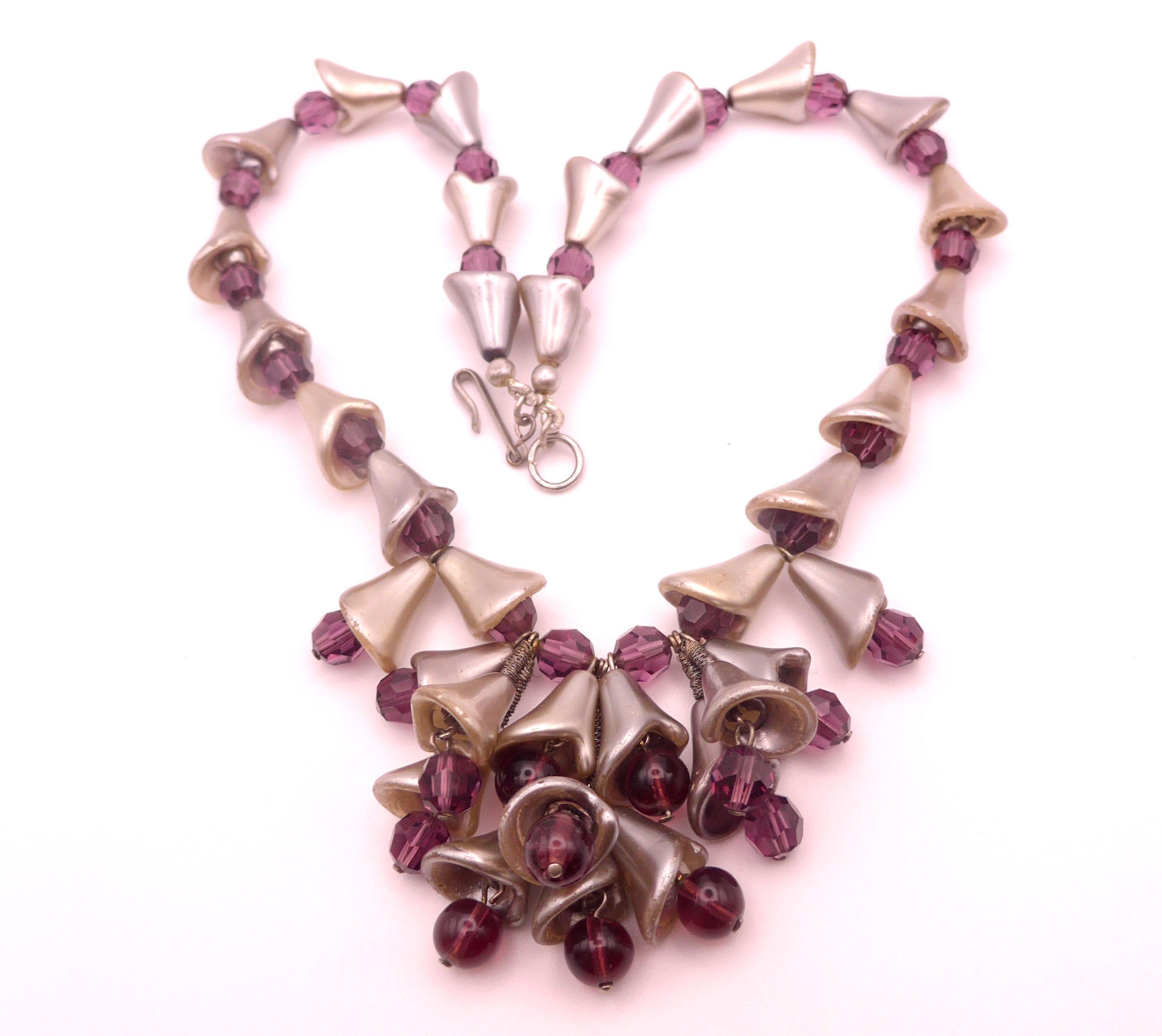 Collier Vintage Années 70 - 6 Rangs Chaînes Et Perles En Verre Violet/mauve