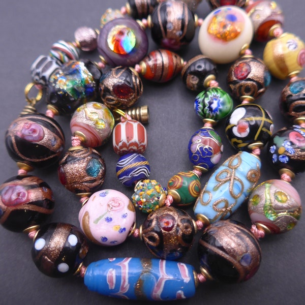 Vintage Venetian Lamp Work Fancy Glass Bead Necklace - Mixed Fancy Glass Beads