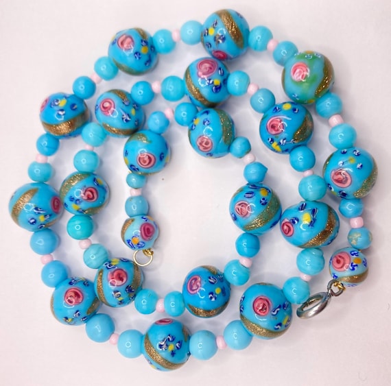 Vintage Venetian Fancy Glass Bead Necklace - Blue Gold Pink Flower