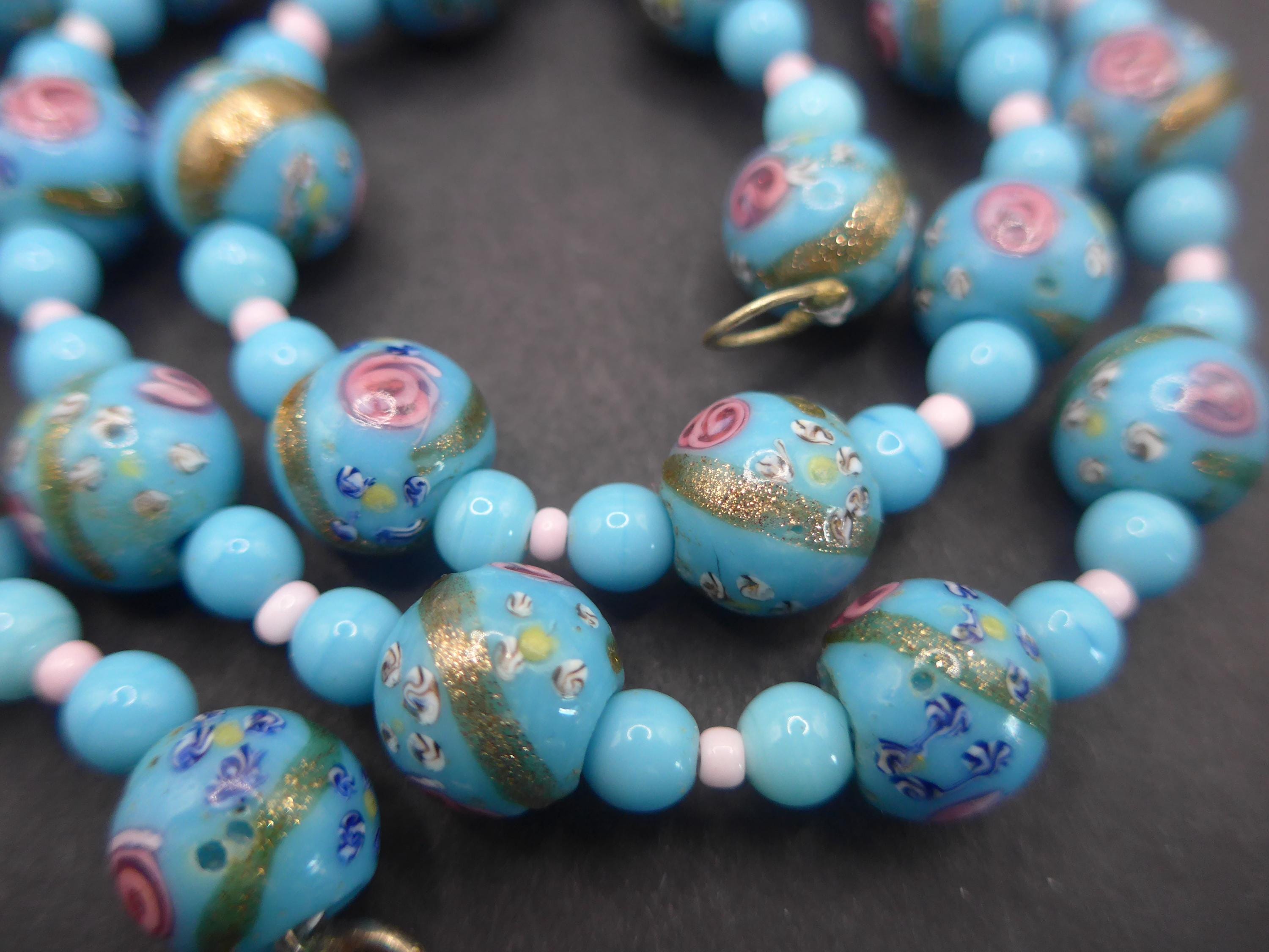 1930's vintagebeadsネックレス Vintage Venetian Blue Foil Glass Bead Necklace - Etsy