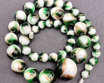 Antique Venetian Fancy Feather Glass Bead Necklace - Green Gold Swirled Glass Beads