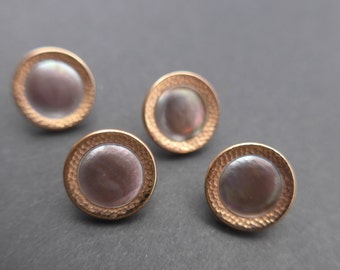 Vintage Grey iridescent Abalone Shell Gilt Metal Back Button - Hammered Copper Metal Buttons x 4