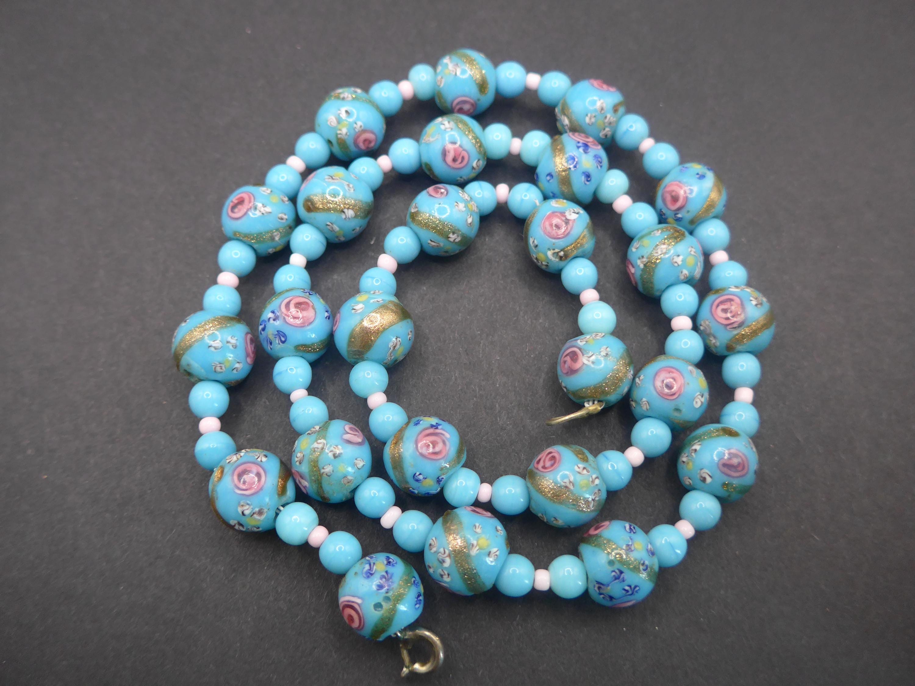 Vintage Venetian Fancy Glass Bead Necklace: Blue Gold Pink Flower