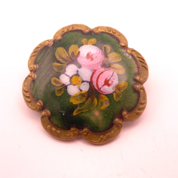 Vintage Victorian Hand Painted Flower Green Pink Enamel Button Brooch Pin