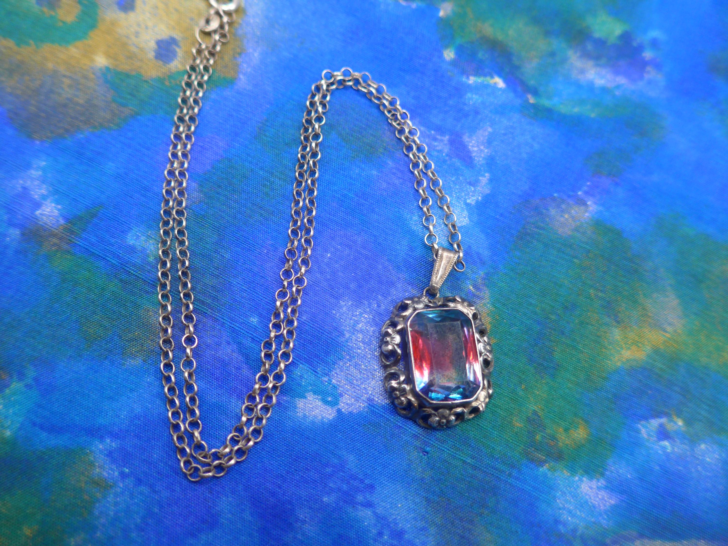 Vintage Czech Silver Rainbow Iris Glass Pendant - Marked Silver 