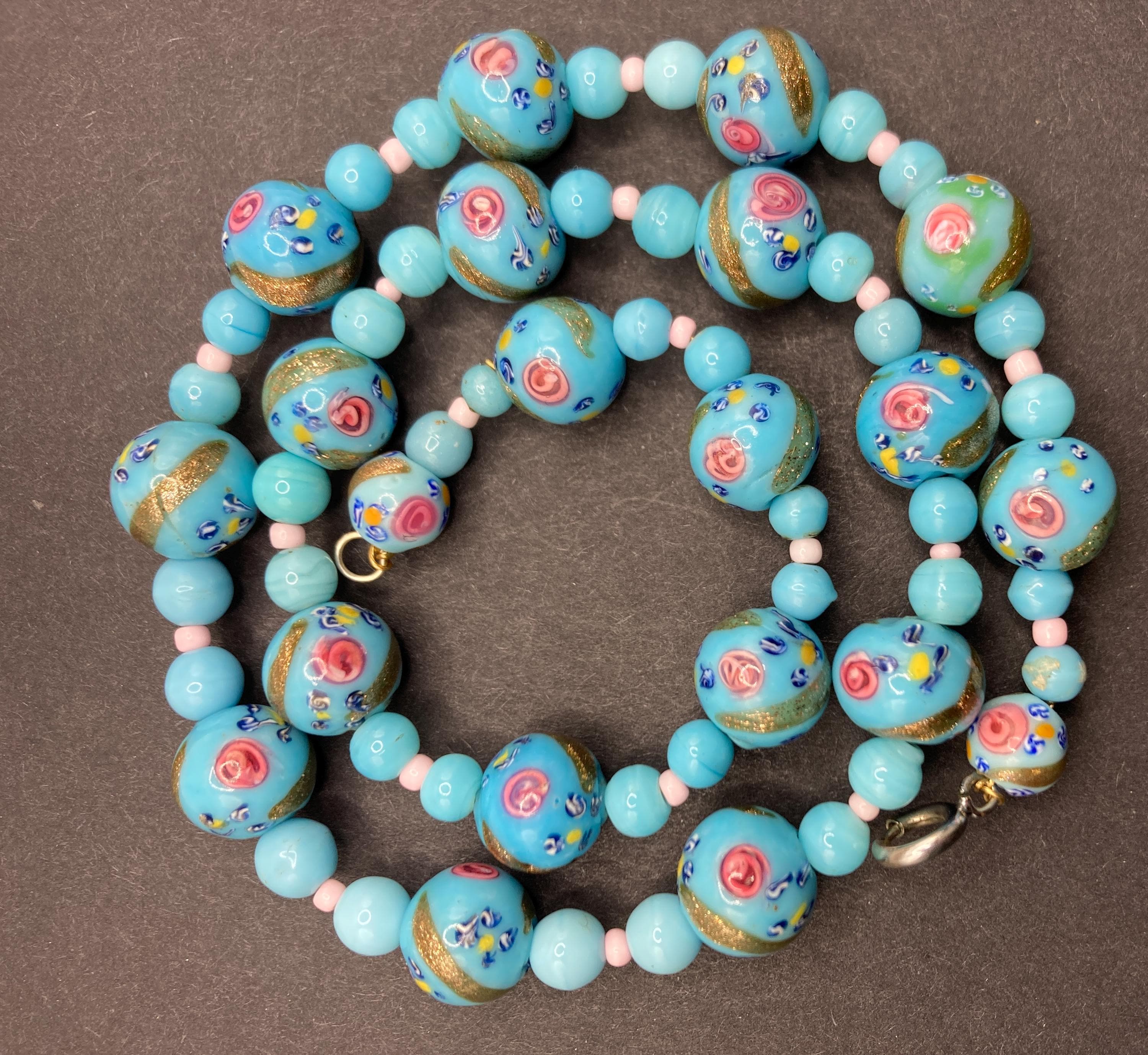 Vintage Venetian Fancy Glass Bead Necklace - Blue Gold Pink Flower