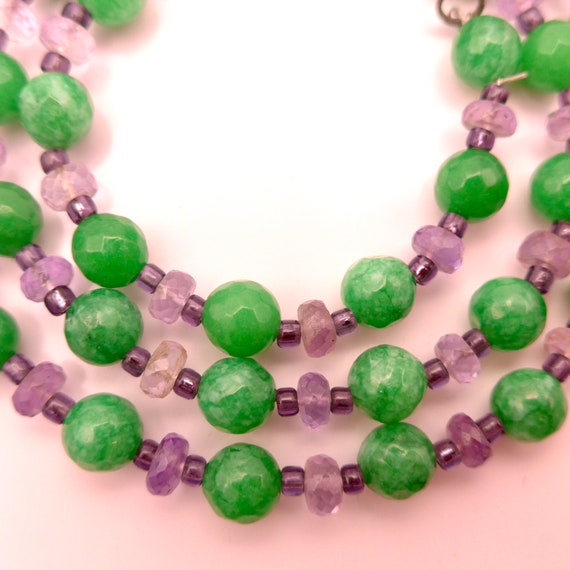 Vintage Purple Amethyst Glass Jade Green Stone Necklace