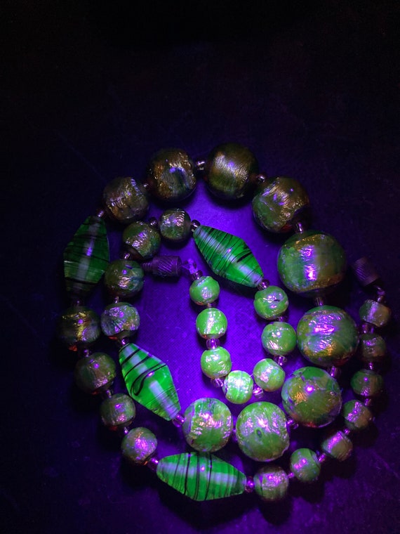 Vintage Fire Foil Uranium Glass Bead Necklace - Rare Gold French Foiled Glass Beads