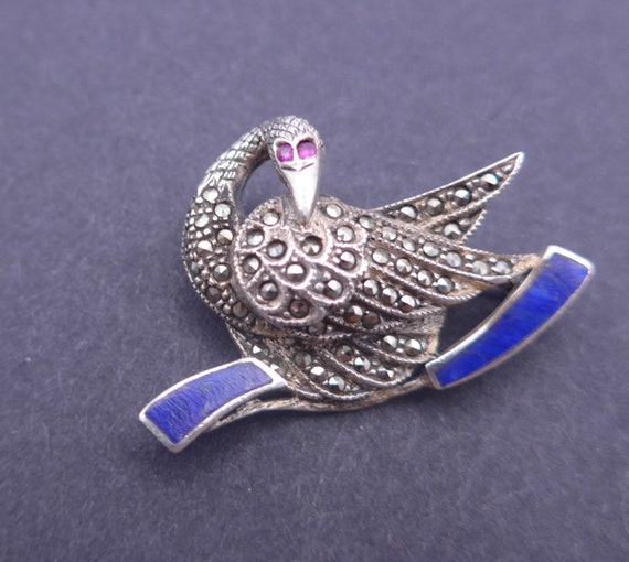 Broche Ancienne En Argent Et Marcassites - Forme Oiseau - Bijou Vintage - Occasion