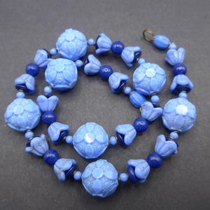 Vintage Czech Blue Flower Glass Bead Necklace - Moulded Glass Beads