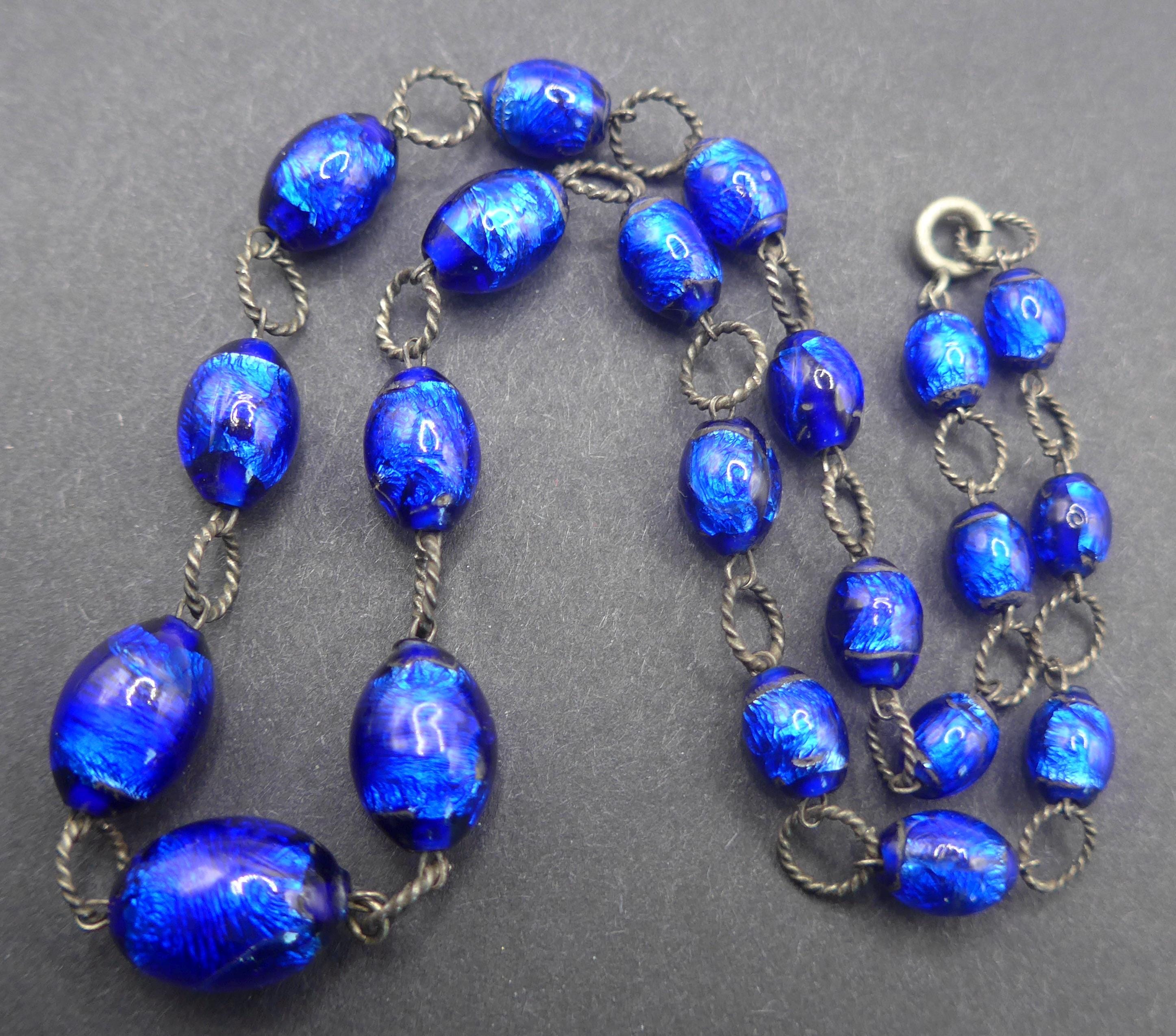 Vintage Venetian Blue Foil Glass Bead Necklace - Etsy