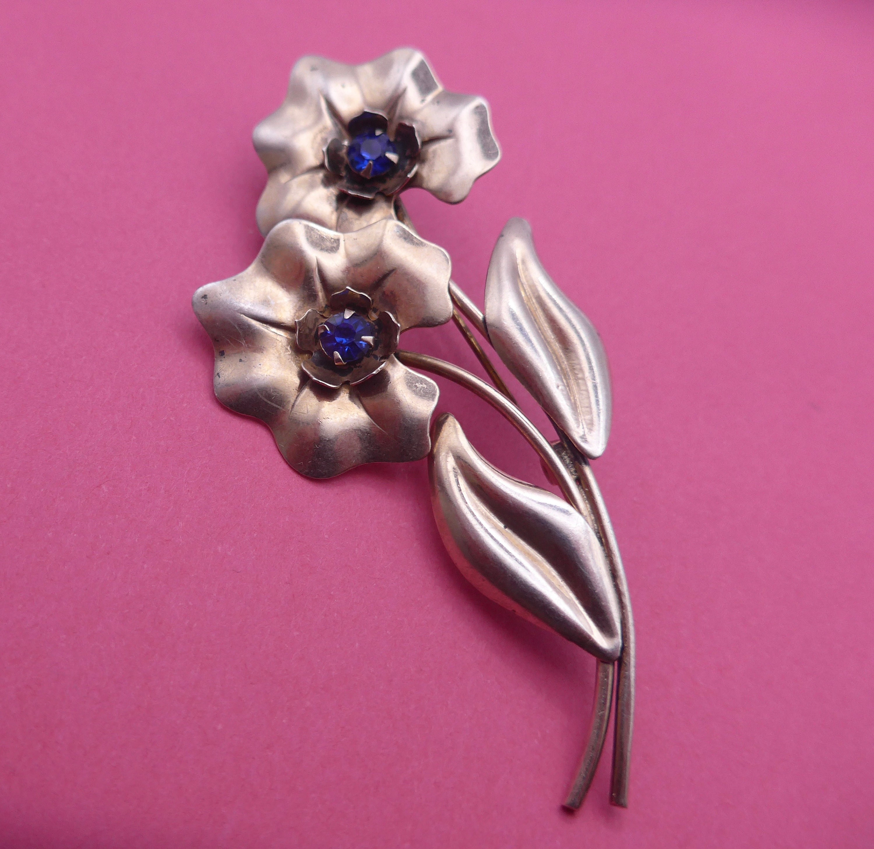 vintage flower HANDMADE STERLING　brooch Vintage Sterling Silver Flower Spray Brooch Pin - Blue Paste