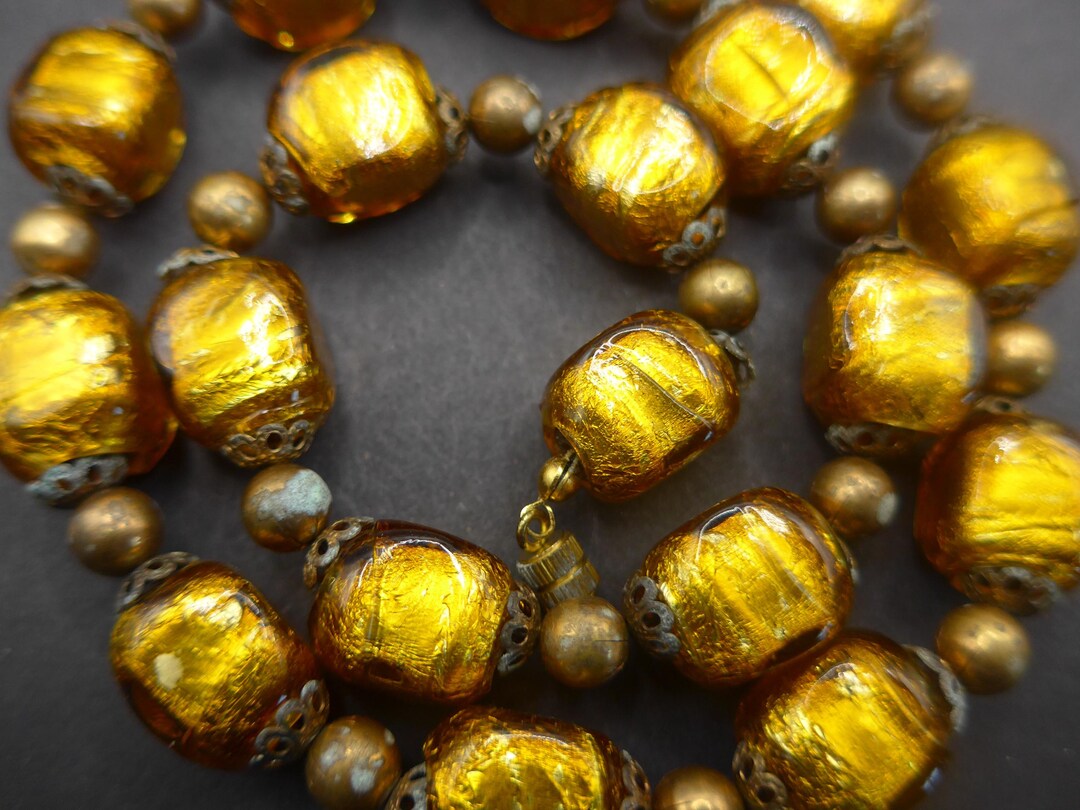 Vintage Czech Cubed Gold Foil Glass Bead Necklace - Etsy